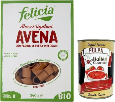 Produktbild von Felicia Mezzi Rigatoni Avena,Pasta con Farina di Avena integrale,Nudeln mit Vollkorn-Haferflocken,Bio und Natürlich Glutenfrei,Packung mit 340g + Italian Gourmet Polpa di Pomodoro 400g Dose