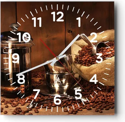 Produktbild von Wanduhr - Quadrat - Glasuhr - Kaffeebohnen gerösteter Kaffee Tasse - 40x40cm - Schleichendes Uhrwerk - Lautlos - zum Aufhängen bereit - Dekoration Modern - Wanddekoration aus Glas - C4AC40x40-0434