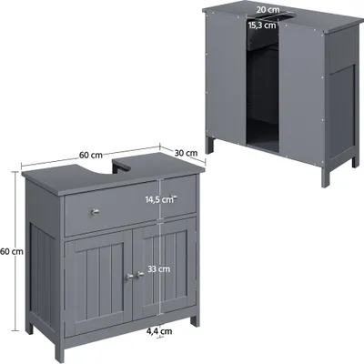 A dark gray bathroom vanity cabinet with dimensions shown.