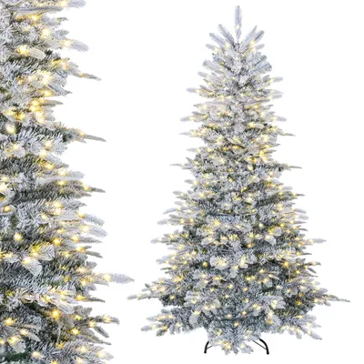 Obrázok produktu pre COSTWAY, umelý vianočný stromček s výškou 180 cm, s efektom snehu, s 420 teplými bielymi LED diódami, s 834 vetvičkami z PE/PVC a kovovým stojanom, biely vianočný stromček