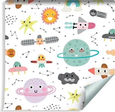 Zdjęcie produktu dla Tapeta Urocze Słodkie Gwiazdy Planety KOSMOS Rakiety dekoracja 3D do pokoju dziecka