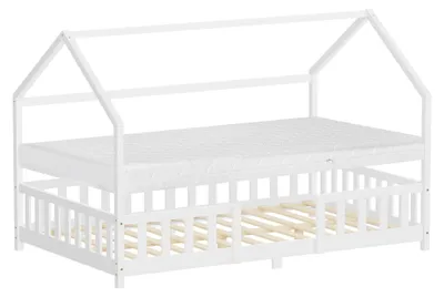 Produktbild von ML-Design Kinderbett 120x200cm mit Matratze Rausfallschutz Dach & Lattenrost Weiß Montessori Bodenbett aus Kiefernholz Hausbett für Mädchen & Jungen