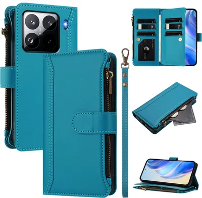 Produktbild von Handyhülle für Xiaomi 15 Pro Reißverschluss Geldbörse Kunstleder Klapphülle mit Kartensteckplatz, Ständer, Handschlaufe Blau