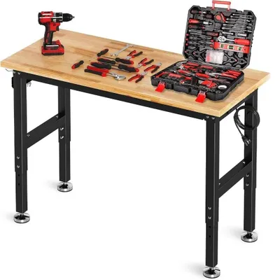 Produktbild von Arbeitstisch - Verstellbare Werkbank - Gummiholzplatte - 4 Steckdosen - 2 USB-Anschlüsse - Lochwand - 121,9 cm