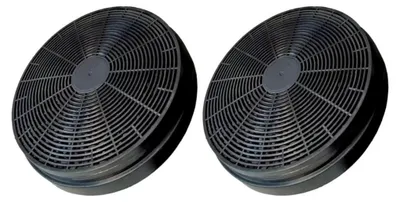 Two round black charcoal filters for a range hood, shown against a white background.