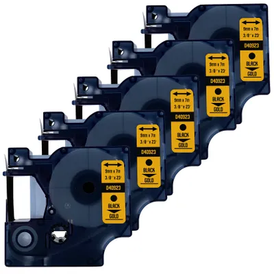 Produktbild von DULA Etikettenband - Kompatibel mit Dymo D1 40923 - 5 Stück - Schwarz auf gold - 9mm x 7m