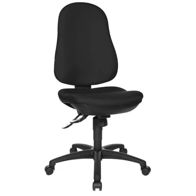 A black office chair is shown against a white background.