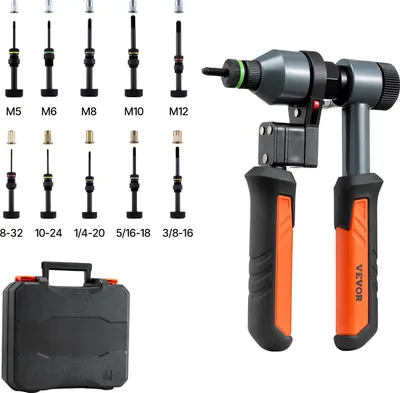 Immagine prodotto di Set di pinze per dadi rivettati VEVOR 21 cm, pinza rivettatrice a cricchetto con 10 punte e 100 dadi in misure metriche e SAE M5, M6, M8, M10, M12, 8-32, 10-24, 1/4-20, 5/16-18, 3/8-16 UNC, incl. valigetta di trasporto