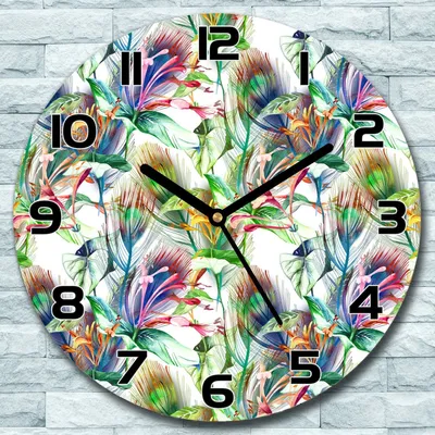 Produktbild von Wanduhr aus Glas Rund fi 30 Bunte Pflanzen Quarz Deko Wohnzimmer Büro