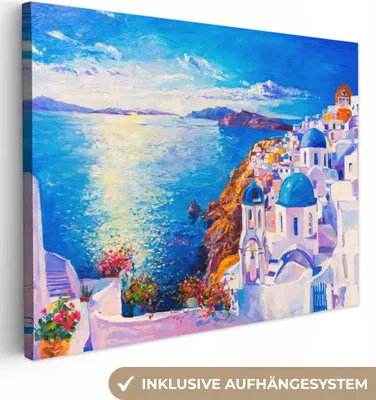 Produktbild von MuchoWow® - Leinwandbilder - Malerei - Griechenland - Wasser - Öl, Wandbild, Wanddeko Bilder Wohnzimmer, 40x30cm