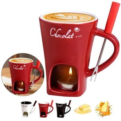 Produktbild von Mini-Schokoladenfondue 130 ml aus Keramik, Käsefondue mit Gabel und Teelicht, Dessert-Fondue für Obst, Brot und Gemüse, Rot