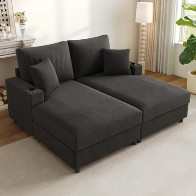 Produktbild von okwish Doppelschlafsofa Schlafsofa mit Liegefunktion,Chaiselongue Daybett mit einer um 360° drehbaren Handyhalterung,Loungesofa mit Getränkehalter und USB,Grau