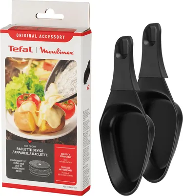A product box for a Tefal Raclette accessory set, with two black raclette pans shown next to it.