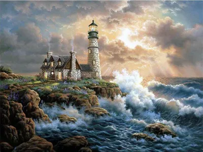 Produktbild von 5D Diamand Painting Set für Erwachsene Full Drill Leuchtturm Landschaft Diamond Painting Kit Cross Stitch Stickerei Kits Arts Craft für Wohnzimmer Schlafzimmer Büro Und Home Wand-Decor(45X35CM)