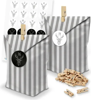 Produktbild von itenga SET Adventskalender 24 x Tüten Streifen + Klammern + Zahlensticker (Z48)