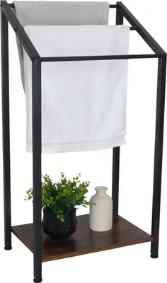 Zdjęcie produktu dla Wieszak na ręczniki Relaxdays z półką, wys. x szer. x gł.: 80 x 43 x 28 cm, styl industrialny, 3 drążki, wieszak stojący, czarny/brązowy