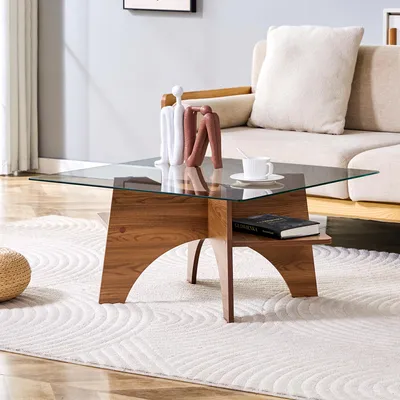 Produktbild von Quadrastischer Beistelltisch Couchtisch 80x80cm Sicherheitsglas modern Nussbaumoptik MDF Wohnzimmertisch Esszimmertisch Bürotisch Braun