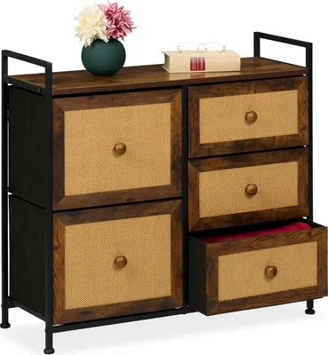 Produktbild von Relaxdays Kommode, 5 Schubladen, Rattanoptik, Flur, Schlafzimmer, HBT 77x85x31,5 cm, Highboard, Metall, braun/schwarz