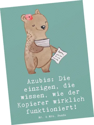 Produktbild von Mr. & Mrs. Panda Postkarte Auszubildende Kopierer - Meeresbrise - Geschenk, Ausbildungsverlauf, bildkarte, Berufsausbildung, Grußkarte, Beruf, Technik, Berufseinsteiger