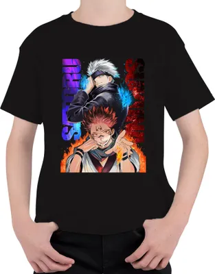 Produktbild von Jujutsu Kaisen Gojo Satoru Sukuna Flammen Augenbinde Geschenk Uni Kinder T-Shirt, Schwarz, 140