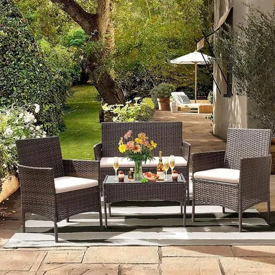 Produktbild von Balkonmöbel Sitzgruppe Lounge-Set Rattan Gartenmöbel Set | Terrassenmöbel für 4 Personen Sofa, Singlestühle, Tisch und Sitzkissen