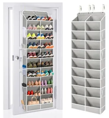 Immagine prodotto di Organizzatore per scarpe da appendere alla porta, 10 scomparti, grigio, per 24-32 paia, con tasche profonde