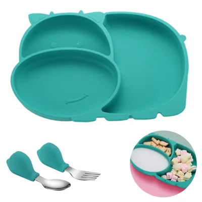 Produktbild von Babyteller, Baby-Tischset, rutschfestes Silikon mit Saugnäpfen und flexiblem Löffel und Gabel, BPA-frei, spülmaschinen- und mikrowellengeeignet, Kinderteller für Kleinkinder und Kinder