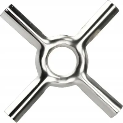A silver-colored metal cross-shaped support with a central hole, likely for a gas stove.