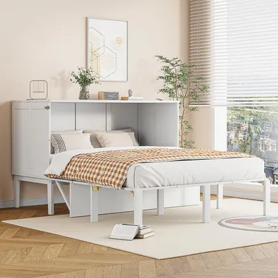 Productafbeelding van Bed met opbergruimte, 140x200 cm, verticaal wandbed met lattenbodem en opbergruimte, ruimtebesparend klapbed, eenpersoonsbed, wit