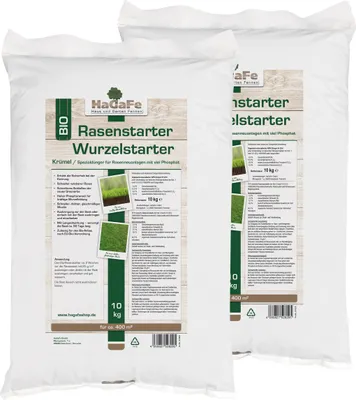 Produktbild von HaGaFe TURBO Rasenstarter, Wurzelstarter, 2 x 10kg, Rasendünger für Rasenneuanlagen, Dünger mit viel Phospat, feines Krümel Granulat