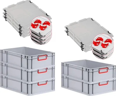 Produktbild von SuperSparSet 5x Eurobox NextGen Color mit Auflagedeckel und Schiebeschnappverschlüsse | HxBxT 17x40x60cm | 34 Liter | Grau | Griffe rot geschlossen | Glatter Boden | Eurobehälter, Transportbox, Transportbehälter, Stapelbehälter
