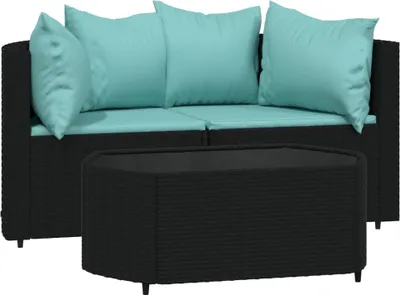 Produktbild von 3-tlg. Garten-Lounge-Set mit Kissen Schwarz Poly Rattan