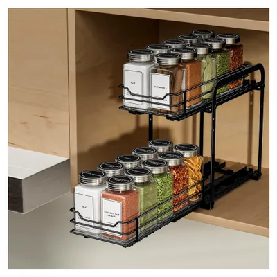 Produktbild von Ausziehbares Gewürzregal für Schränke, 2-stufiges Gewürzregal, Höhenverstellbar, Schwarz, Gewürzorganizer