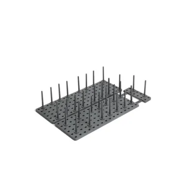 A dark gray drawer organizer with multiple pegs, shown from a slightly elevated angle on a white background.