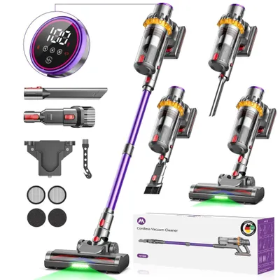 Collage of a cordless vacuum cleaner and its accessories, with a product box.