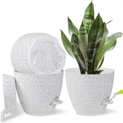 Productafbeelding van Famanu kunststof bloempot, set van 3 plantenpotten, met automatische bewatering - wit, diameter 20 cm