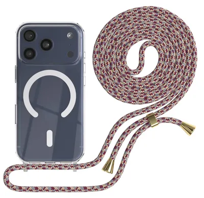 Produktbild von EAZY CASE - Handykette kompatibel mit Apple iPhone 17 Pro, Kette zum Umhängen, Handyhülle stoßfest, Silikonhülle mit Band, Transparente Hülle, Band in Rot
