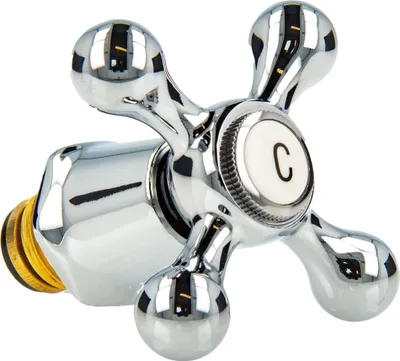 A close-up studio shot of a chrome faucet handle with a white insert labeled 'C' for cold.