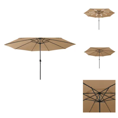 A large taupe umbrella with a black metal pole, shown from multiple angles and a close-up of the frame.