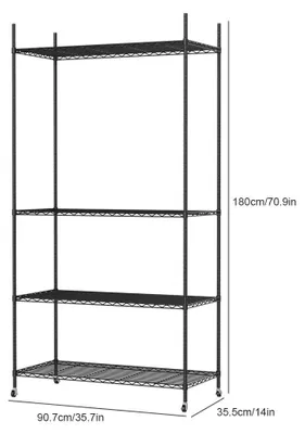 Obrázek produktu pro Kovový regál pro uskladnění – 4patrový regál na kolečkách – Nastavitelné police, rozměry 90,7 x 35,5 x 180 cm – nosnost 20 kg na polici – vhodný do kuchyně, garáže, skladu