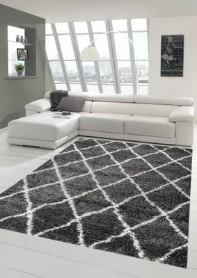 Produktbild von Shaggy Wohnzimmerteppich Hochflor Langflor Rautenmuster in Grau Creme Größe - 200 x 290 cm