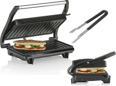 Produktbild von Elektro Kontaktgrill Edelstahl & Grillzange LowFat Multigrill 700W, 22,5x14cm
