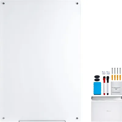 Produktbild von SucceBuy 36"x24" magnetisches Glas-Whiteboard, trocken abwischbares rahmenloses Board, Wandmontage, mit Stiftablage, Radiergummi und 2 Stiften, weiß
