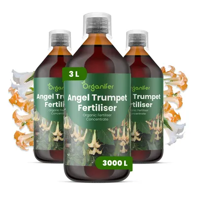 Obrázok produktu pre Anjelská Trúbka, tekuté hnojivo 3x1 L – vzorec NPK 3-4-3 – pre kvitnúce rastliny – pre bohaté kvitnutie a silné korene – podporuje rast stoniek a vitalitu – organické hnojivo