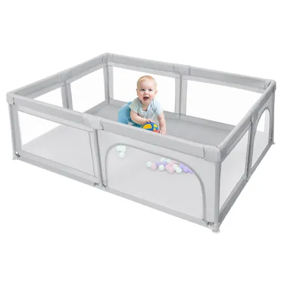 Produktbild von Baby Laufgitter mit 50 Kugel 205x147x66cm Aktivitätszentrum mit atmungsaktivem Netz Rutschfester Basis hellgrau