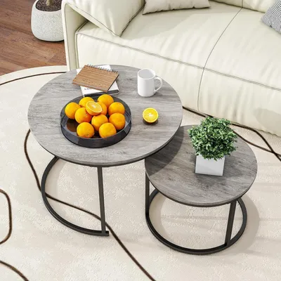 Immagine prodotto di HOJINLINERO set di 2 tavolini rotondi struttura in legno metallo soggiorno grigio