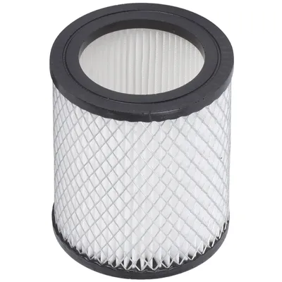 A cylindrical air filter with a black rim and white pleated filter material.