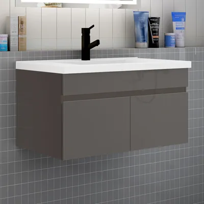 Produktbild von Badmöbel HUTI-Serie 80cm Hochglanz Dunkelgrau Mineralguss Waschtisch mit Unterschrank Hängeschrank Badezimmermöbel mit 2 Türen