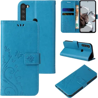 Produktbild von Handyhülle für Xiaomi Redmi Note 8 Floral Blumen Schmetterling Flip Cover Hülle Case Klapphülle Handytasche Farbe: Blau