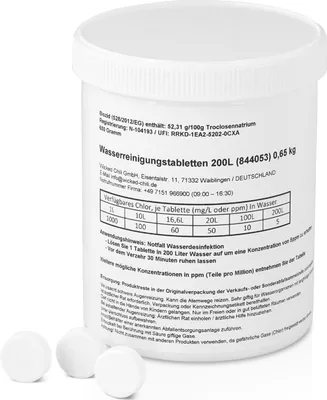 Produktbild von Wicked Chili 200x Maxi Chlortabletten zur Wasserreinigung, Entkeimung von Wassertank und Leitung, Entkeimungsmittel je 200 Liter Notfall Wasseraufbereitung Trinkwasser (Desinfektion für 40.000 Liter)